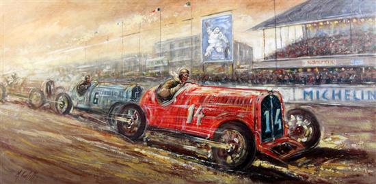 M. Costello 1930s motor racing scene 19 x 39in.